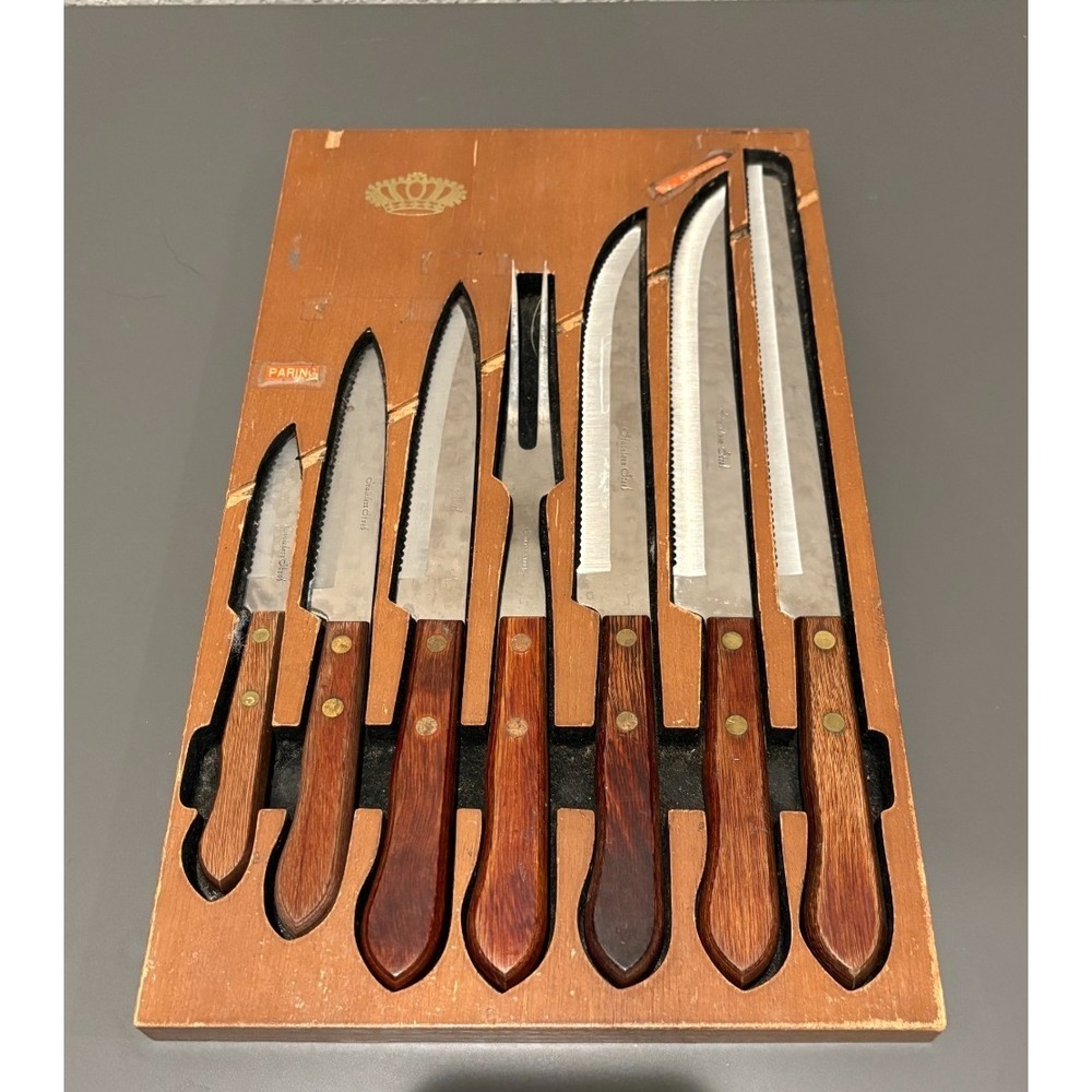 VTG Forgecraft Olde Forge 7pc Knife & Meat Fork Set w/ Wood Wall Holder USA Made